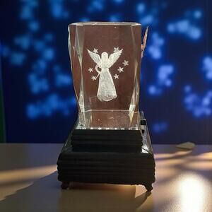 3D Crystal Paperweight Cube Praying Angel Laser Etched Acrylic w Light Up Base